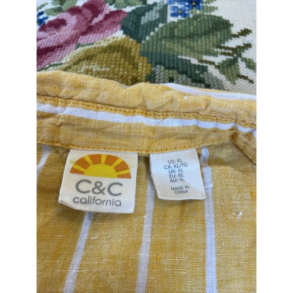 C & C California Top Womens XL 100% LINEN Off Yellow Stripe Button Up Shirt - Picture 7 of 12
